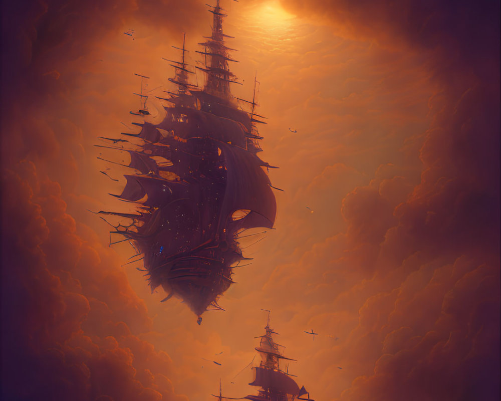 Sailing ships in surreal orange sky with swirling clouds