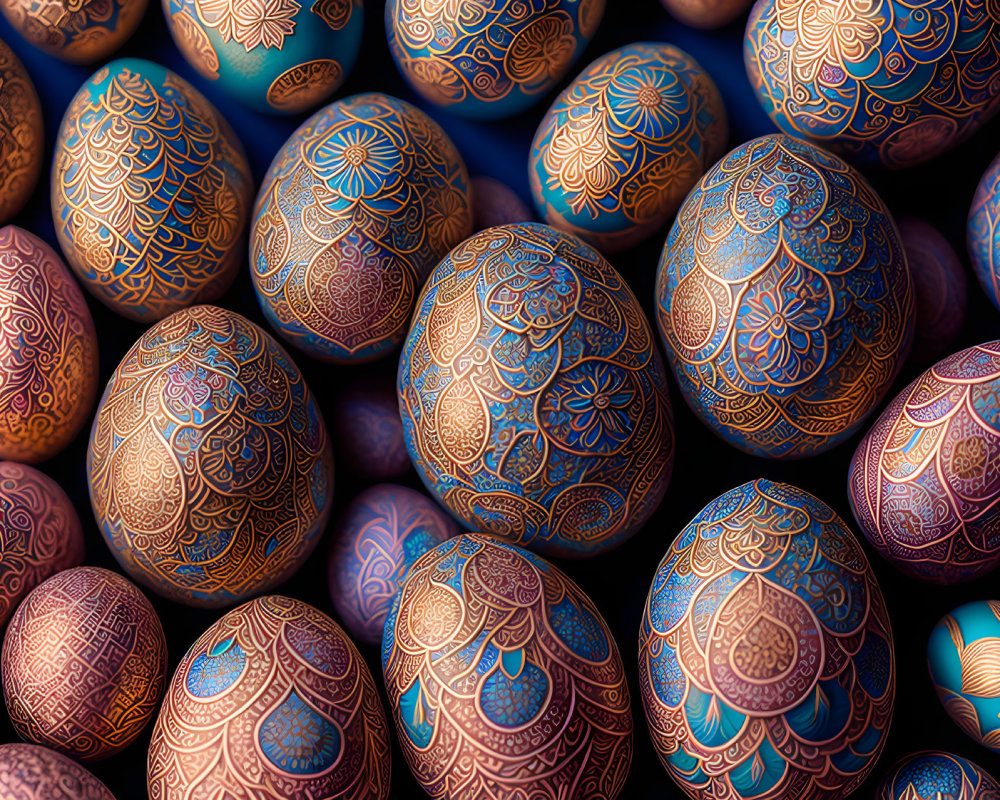 Colorful Intricate Easter Eggs on Dark Background