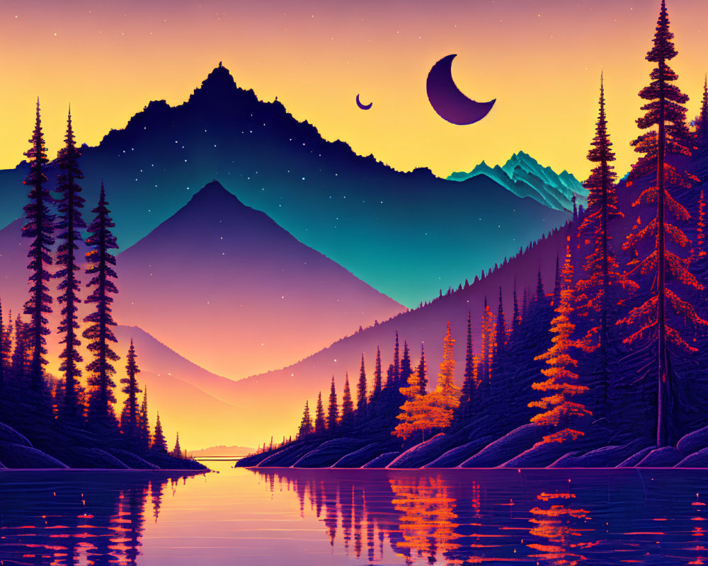 Digital Art: Sunset over mountain landscape with lake reflection, pine trees, crescent moon