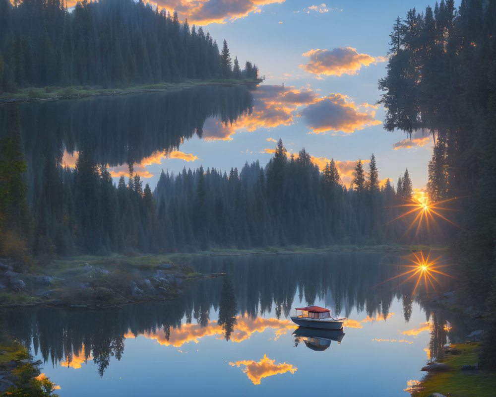 Tranquil sunset scene: lake, vibrant clouds, boat, sunburst through trees