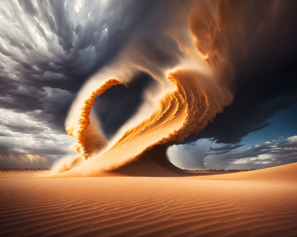 Dramatic desert landscape with twisted sand formation under stormy sky