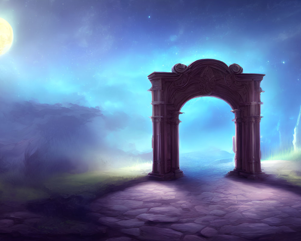 Stone archway under mystical sky with glowing light