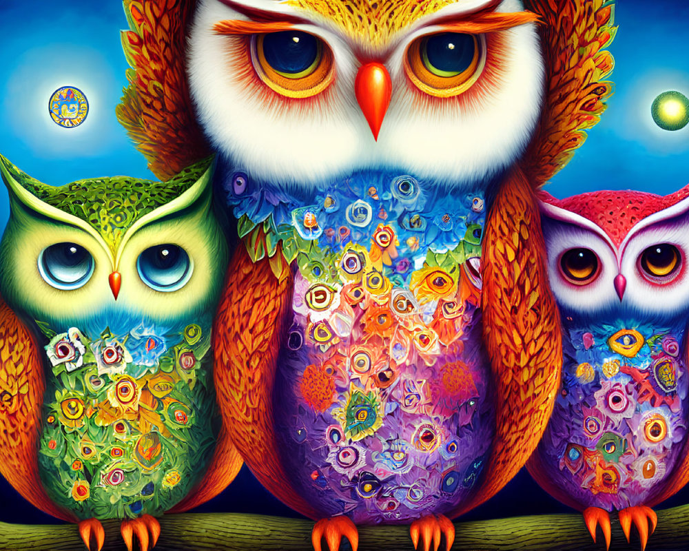 Colorful stylized owls with expressive eyes on branch against blue background