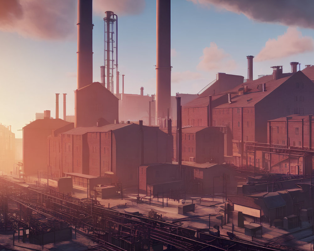 Industrial Area with Smokestacks and Sunset Sky