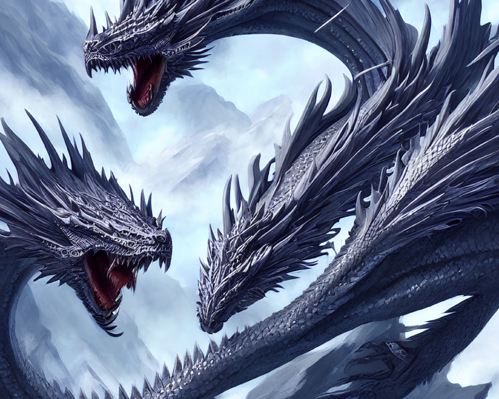 Three intricate scaled dragons in misty mountain backdrop