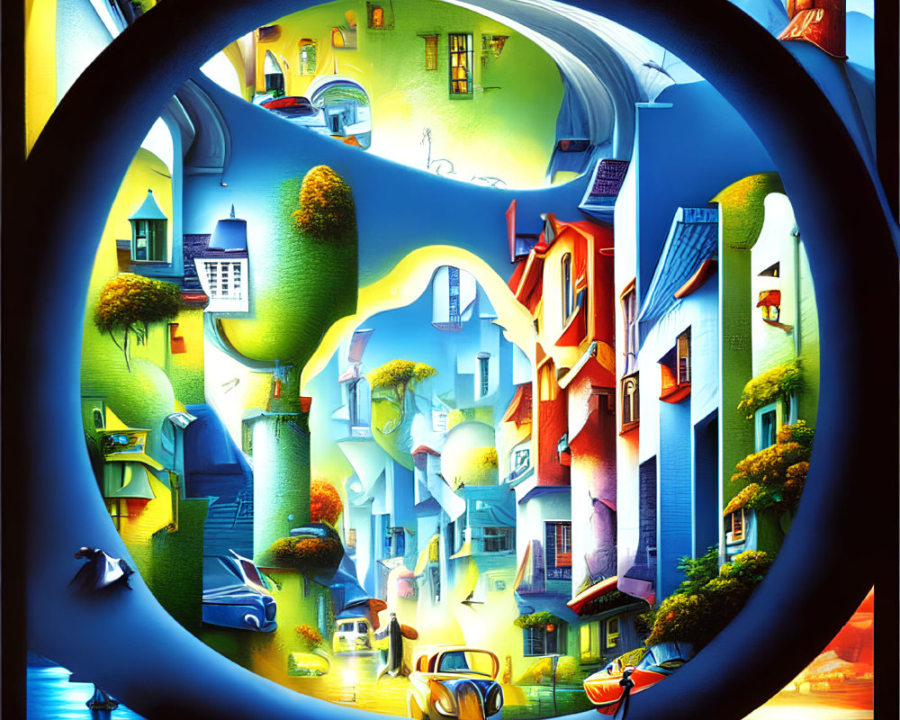 Surrealist painting of distorted urban landscape in circular frame