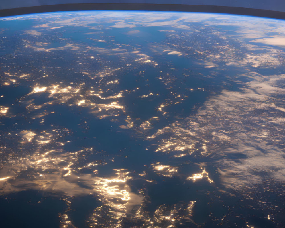 Earth from space: Continent with city lights, clouds, and planet curvature