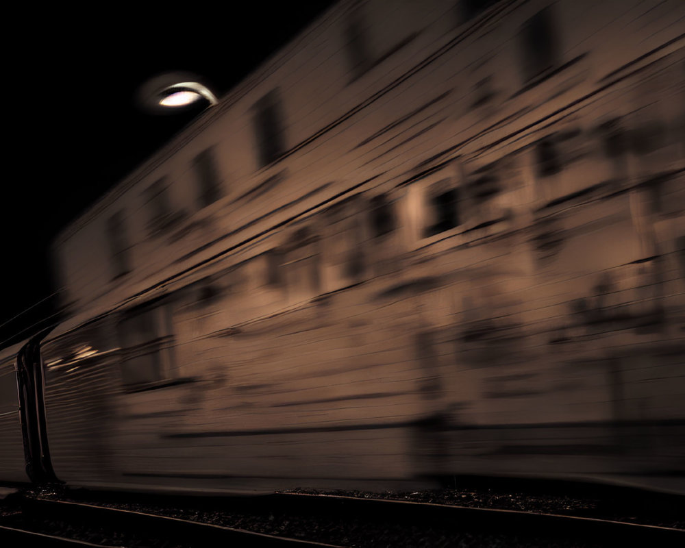 Nighttime train in motion by platform with ghostly motion blur against dark, moody backdrop and single