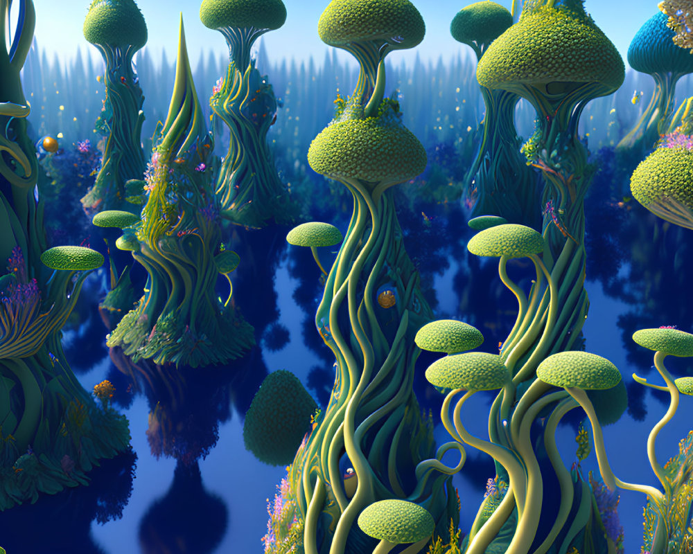 Surreal landscape with oversized mushroom-like plants in tranquil waters