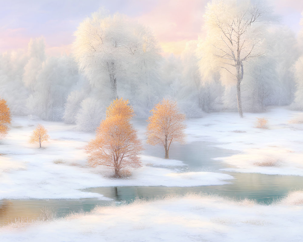 Frost-covered trees and meandering river in serene winter landscape