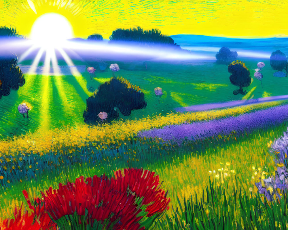 Colorful Impressionistic Painting of Meadow at Sunrise