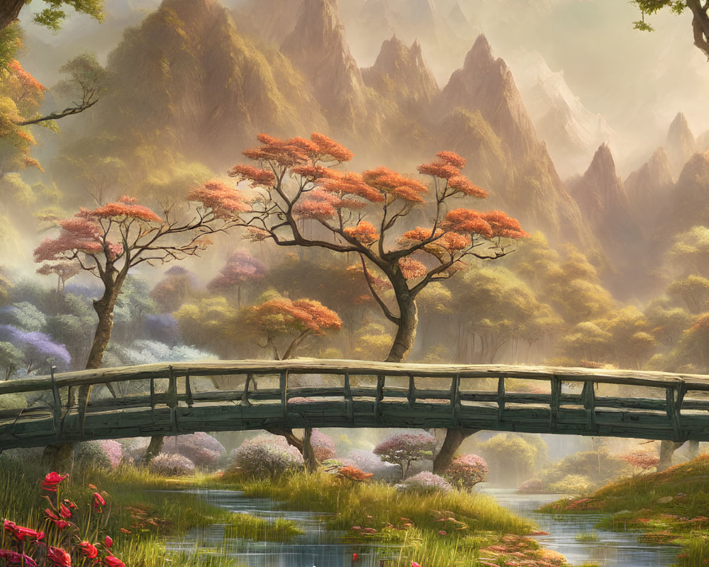 Tranquil river with wooden bridge, pink flora, orange trees, and mountain peaks