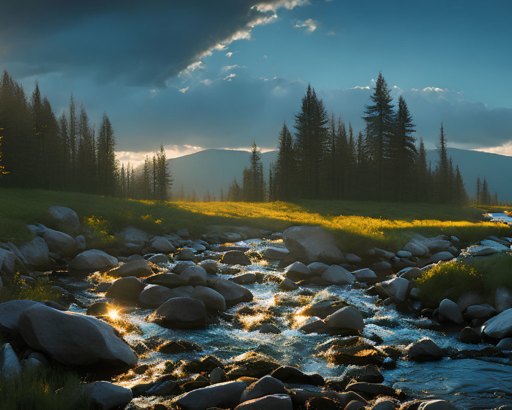 Scenic sunset over forest with sparkling river and long shadows