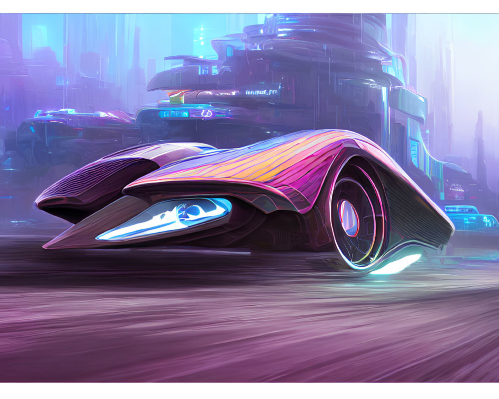 Futuristic neon-lit cityscape with advanced cars.