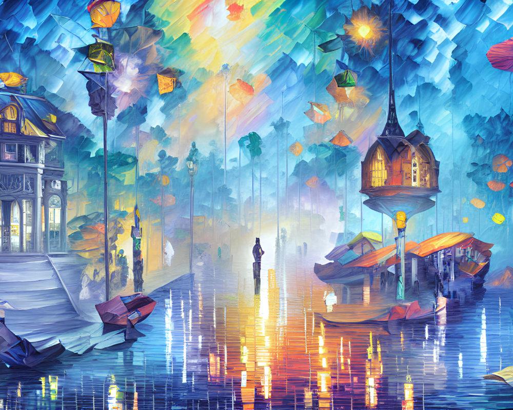 Colorful cityscape with floating lanterns, boat on water, and solitary figure under vibrant sky