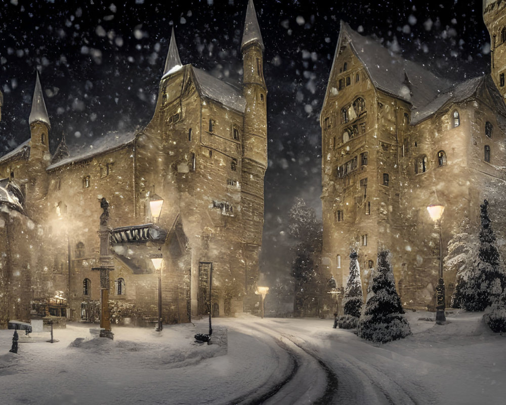 Panoramic Night View: Illuminated Castle in Snowy Forest