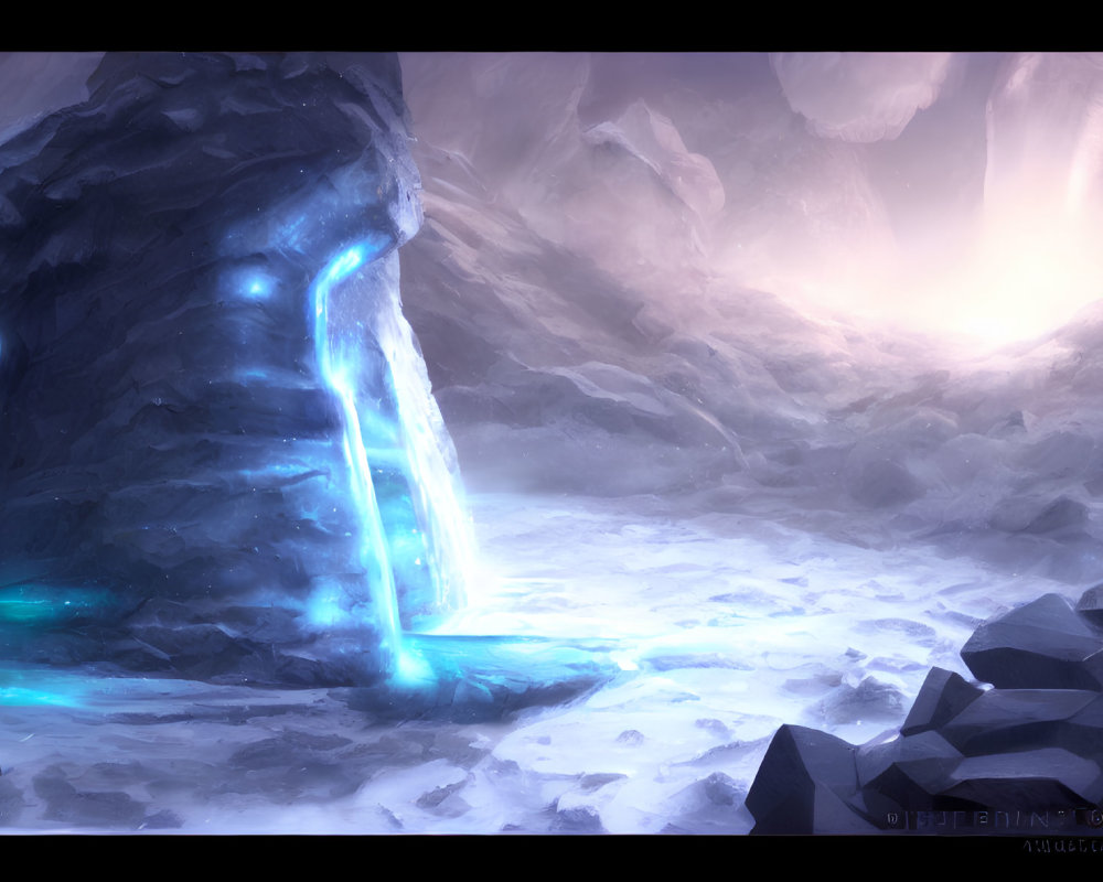 Mystical icy cavern with glowing blue light and sunlit entrance