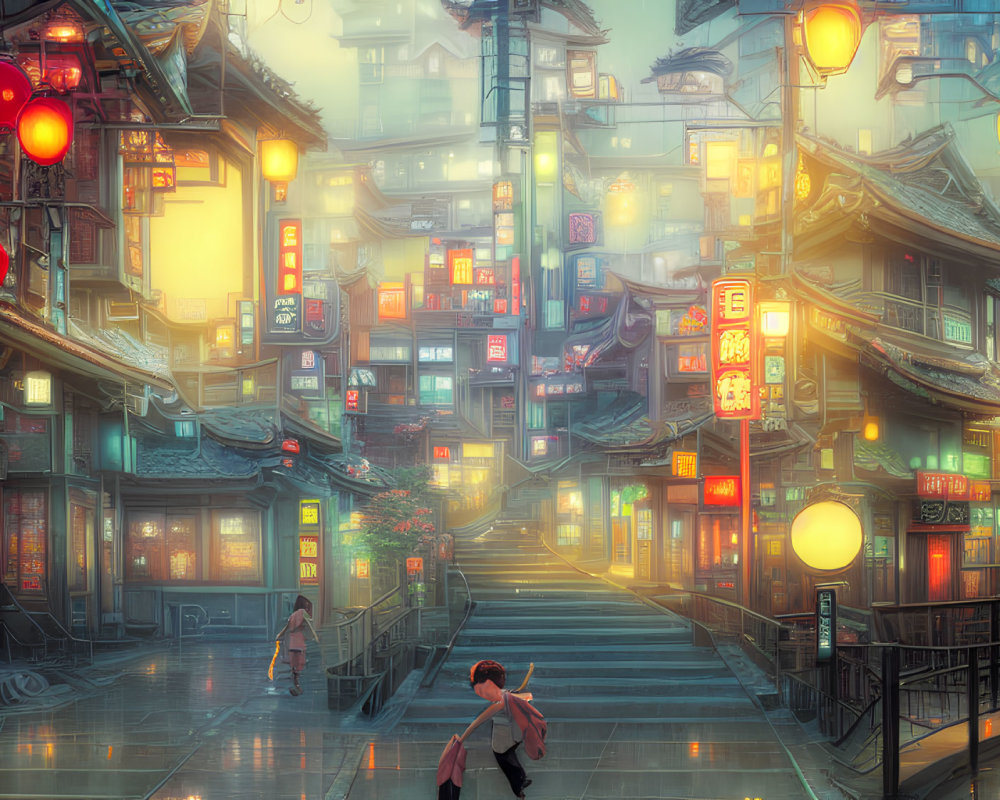 Neon-lit Asian city street at dusk with traditional architecture