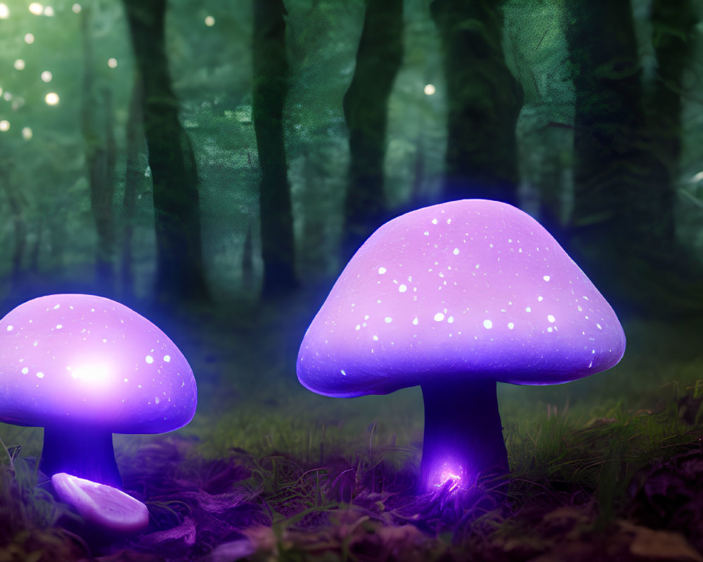 Enchanting forest scene with glowing purple mushrooms and ethereal lights