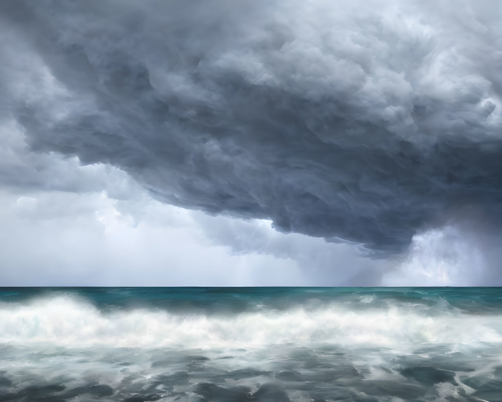 Stormy seascape with dark clouds, churning waves, and lightning flashes