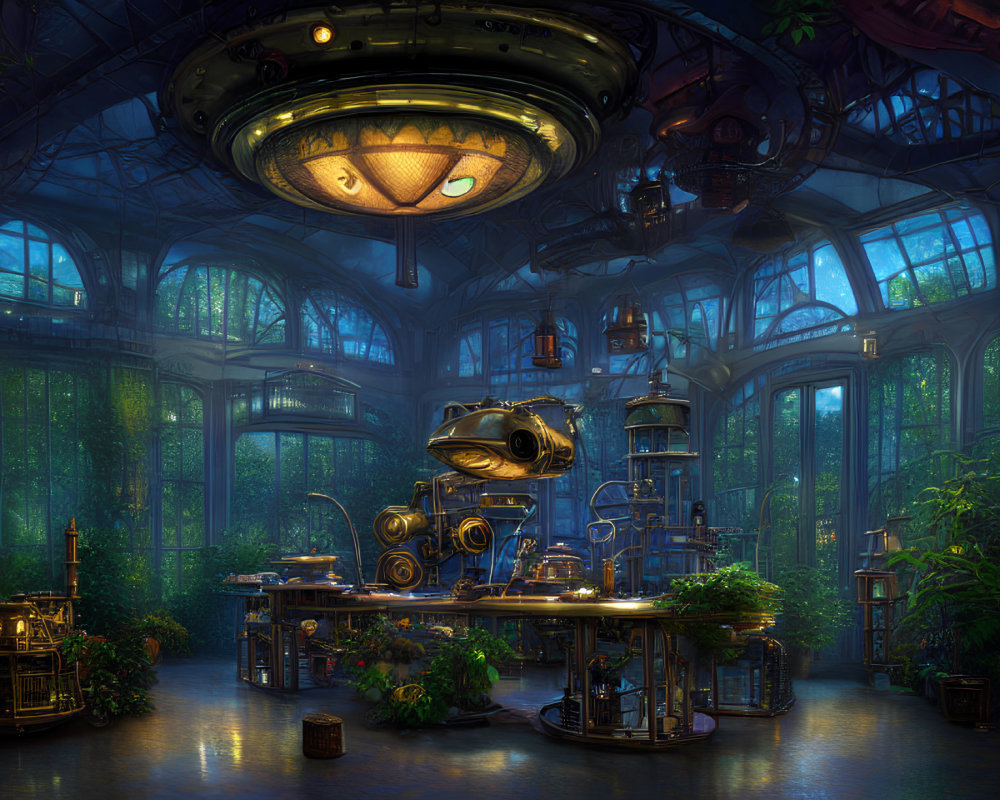 Steampunk laboratory with brass machinery and lush greenery in glass dome.