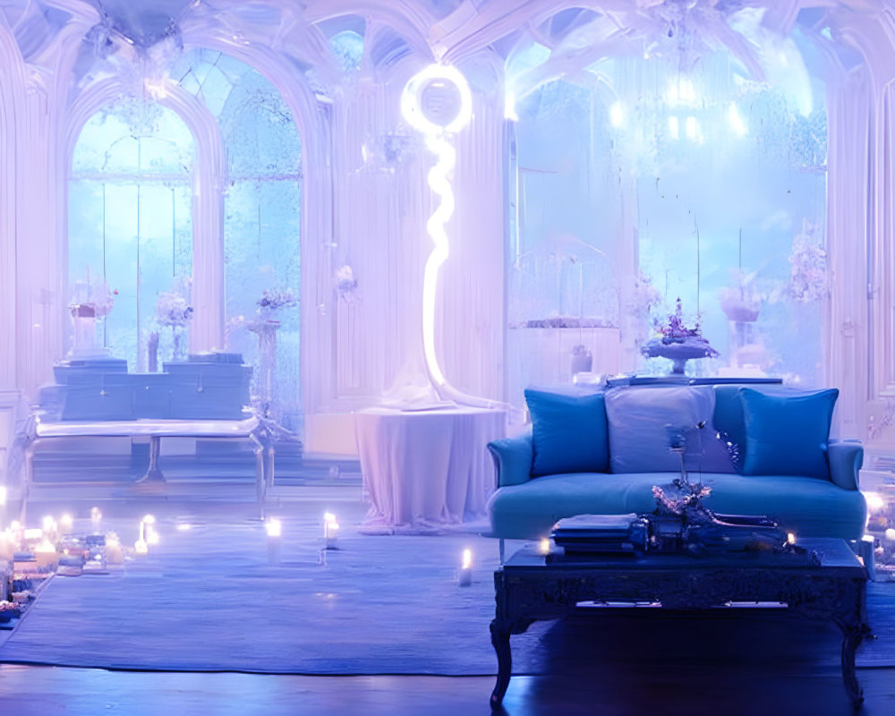 Mystical blue sofa, candles, crystals, neon symbol in grand hall