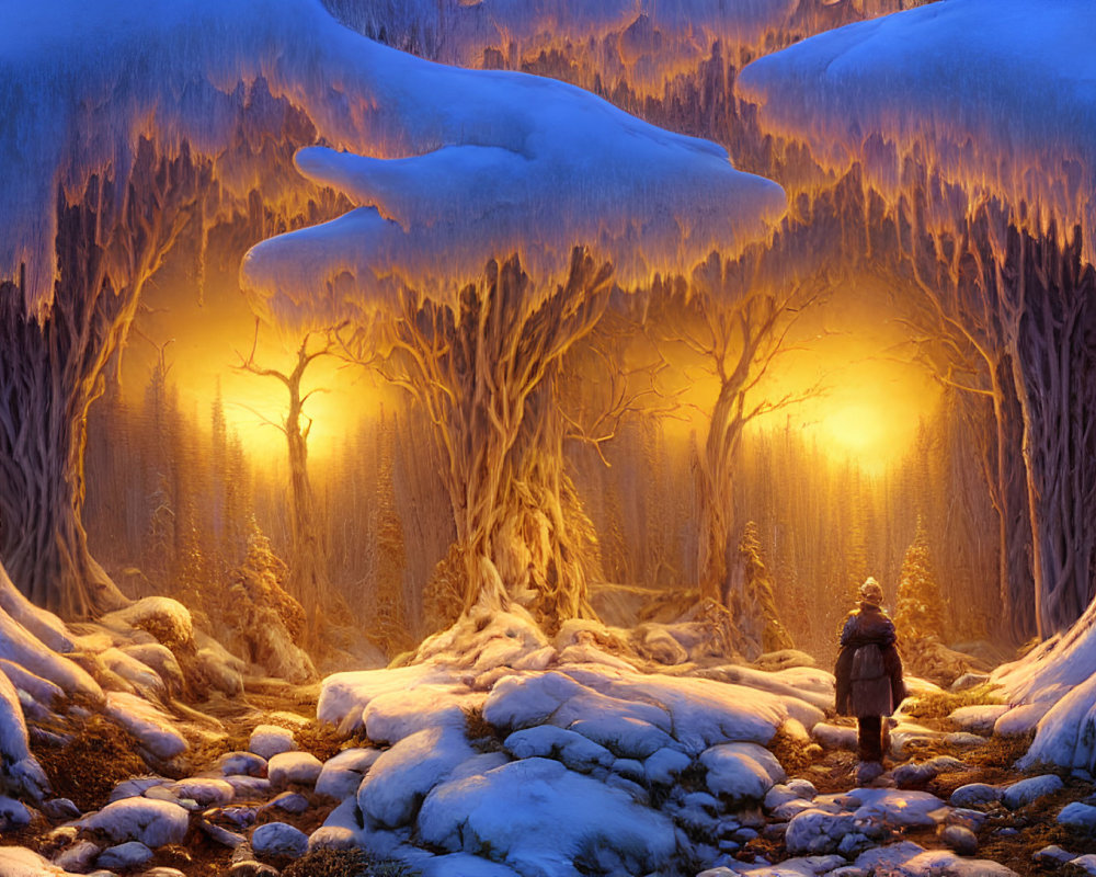 Snow-covered mystical forest with glowing lights and twilight sky