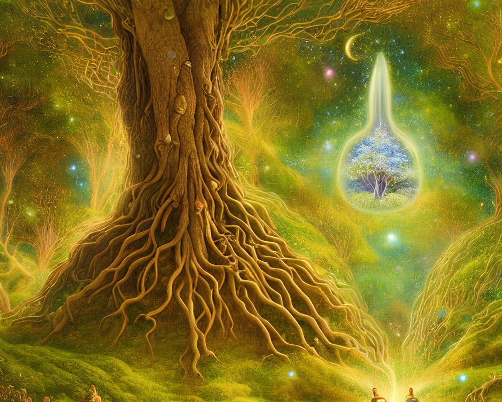 Enchanting forest scene with central tree, people in robes, floating droplet, and starry