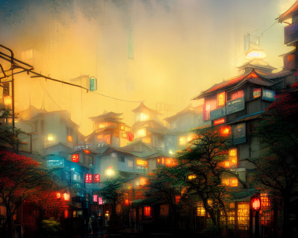 Asian street scene at dusk: neon-lit, traditional buildings, glowing lanterns.