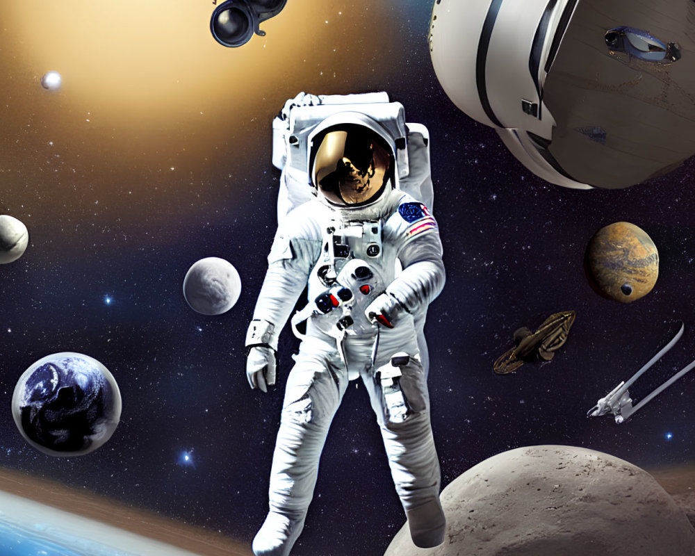 Astronaut in space surrounded by celestial bodies and spacecraft