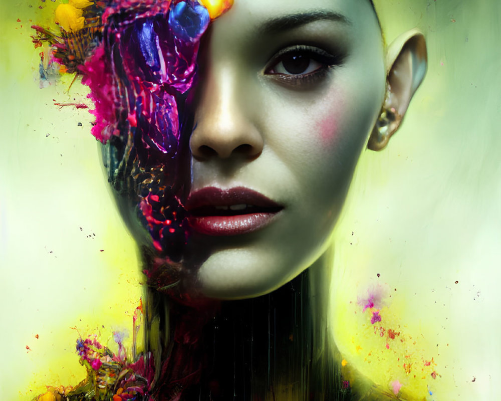 Vibrant surreal portrait of a woman with floral explosion & colorful splashes