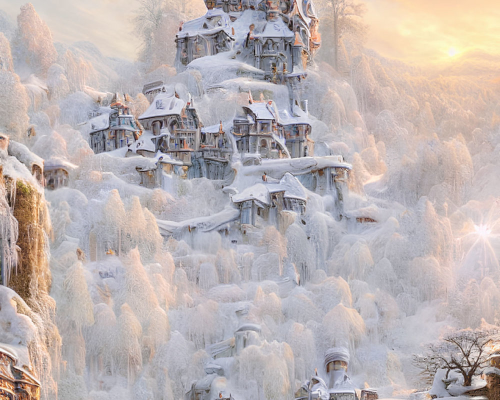 Snow-covered fantasy castle on frosty hillside with icy trees under golden sunrise.