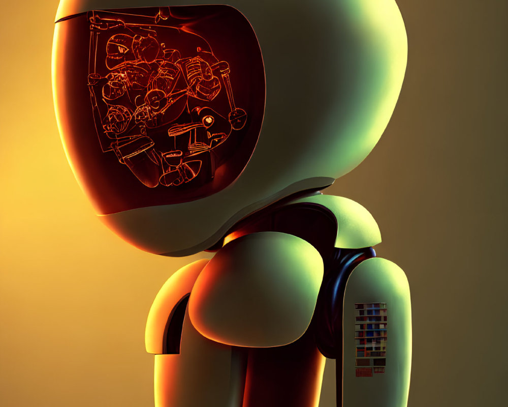 Transparent-headed robotic figure with visible internal gears on warm backdrop