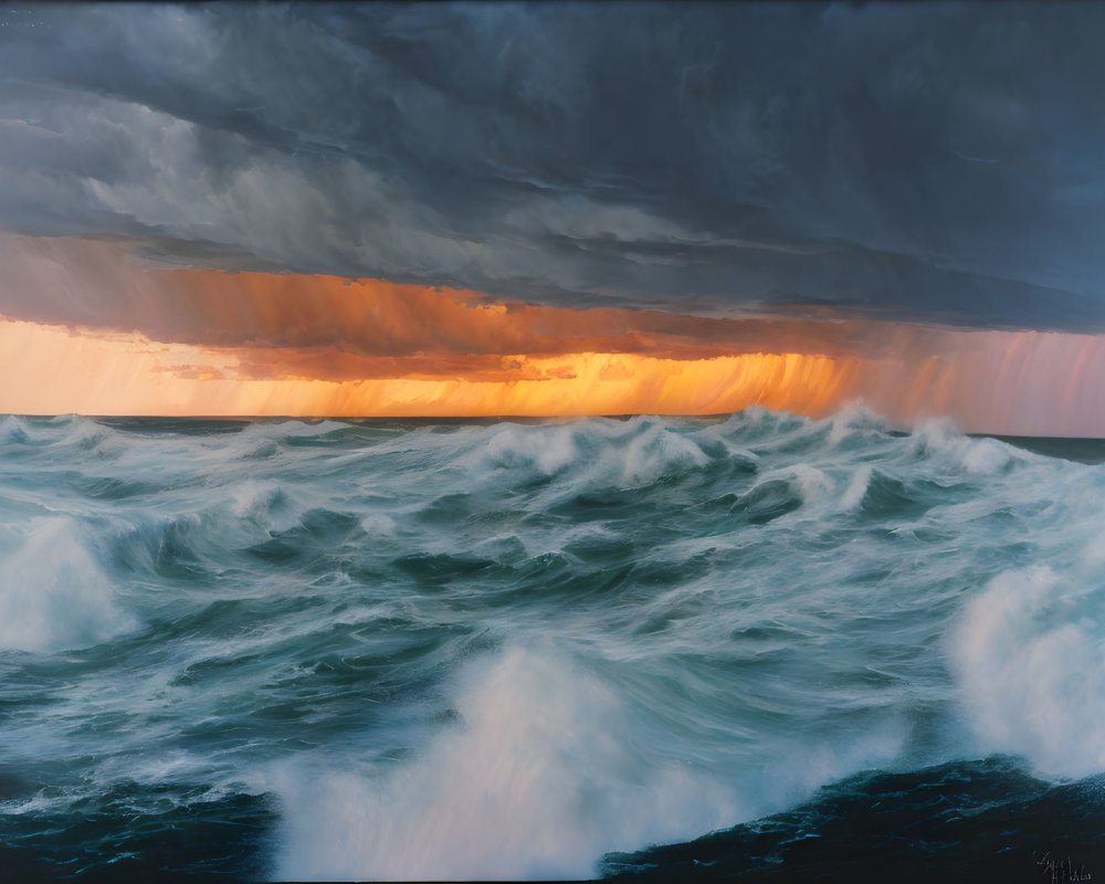 Stormy Seascape with Turbulent Waves and Orange Glow