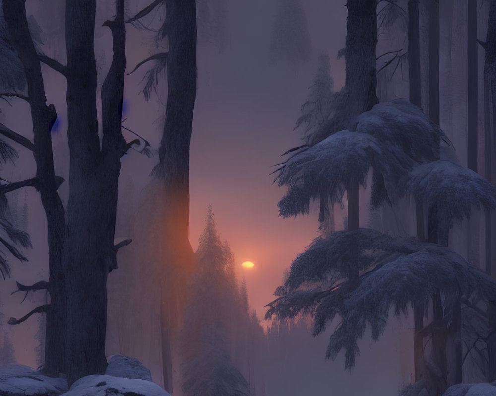 Snowy forest at twilight with tall trees, setting sun glow, mist, and tranquil stream.