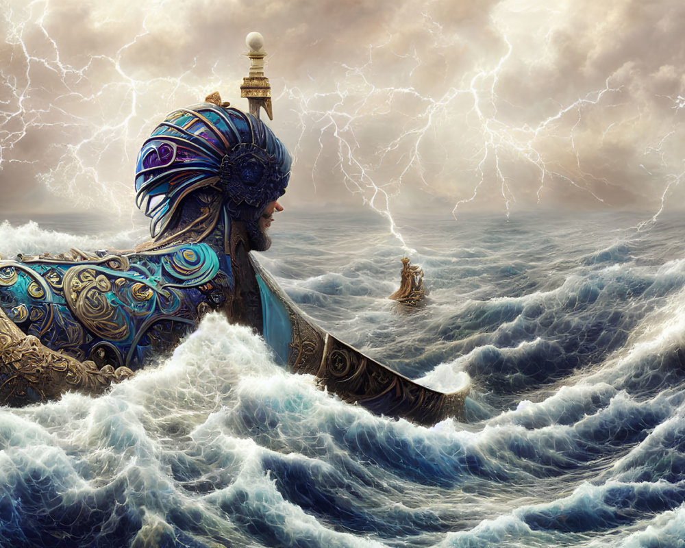 Person in ornate armor rides giant ship through stormy seas with lightning