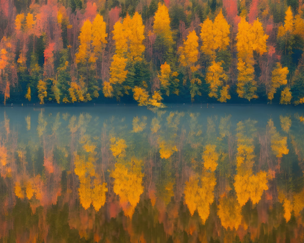 Scenic autumn trees with orange and yellow leaves by tranquil lake