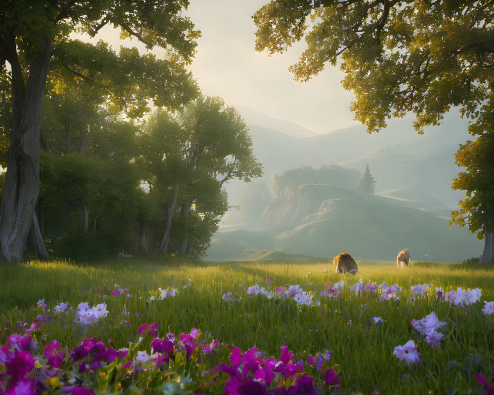 Tranquil sunrise landscape with grazing horses and rolling hills