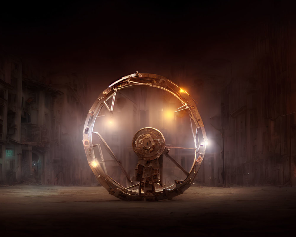 Circular illuminated vehicle in dark post-apocalyptic city street