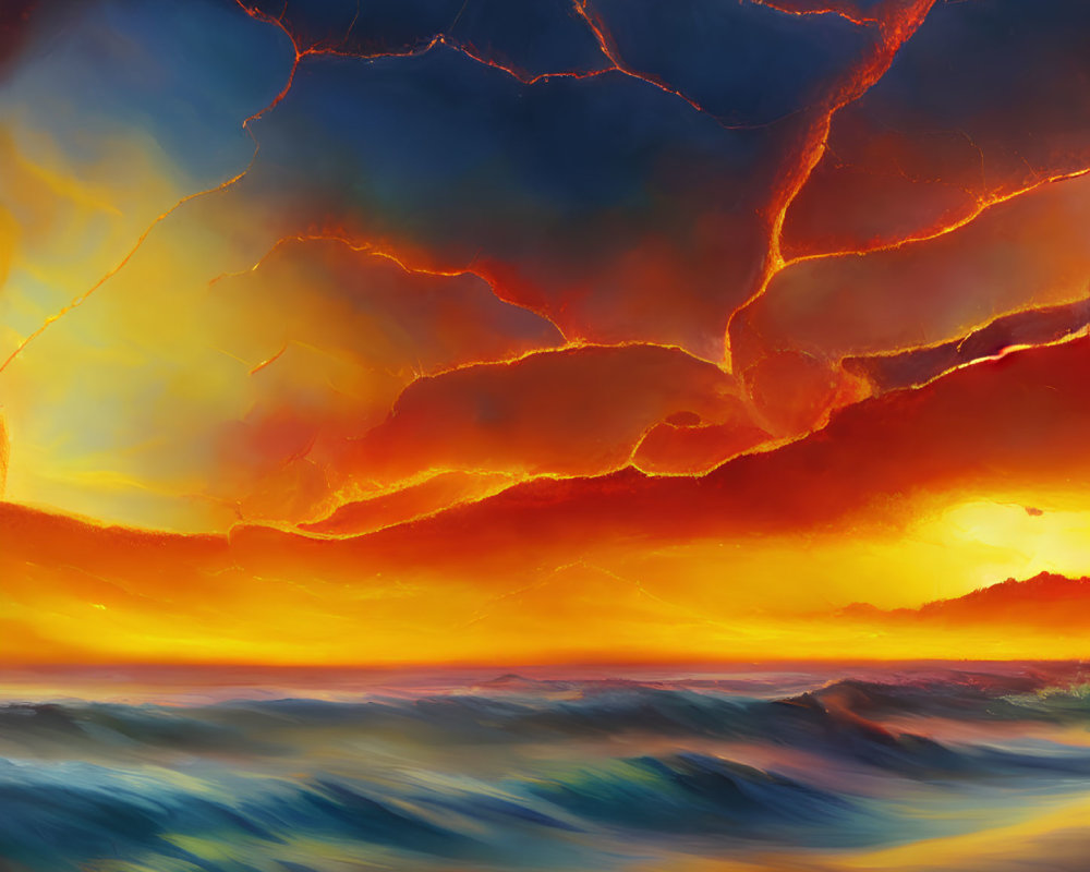 Colorful Sunset Painting with Textured Clouds and Ocean Waves