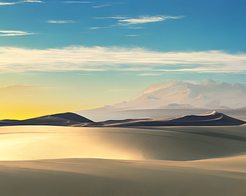 Golden sand dunes and snow-capped mountains in serene desert landscape