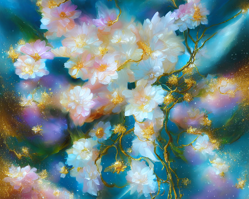 Ethereal cherry blossoms with golden branches on cosmic backdrop