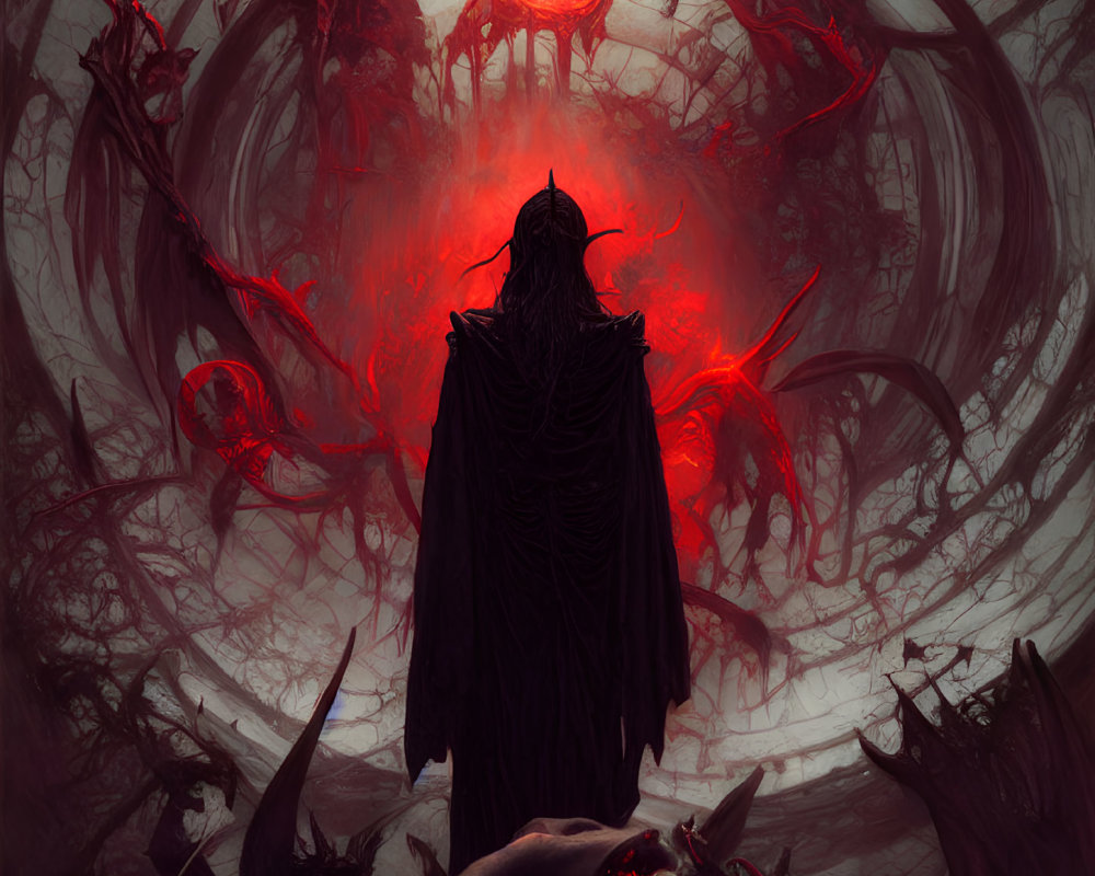 Dark Cloaked Figure Surrounded by Demonic Entities and Fiery Red Background