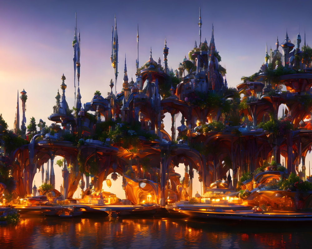 Ornate Buildings Illuminated in a Fantastical City at Dusk