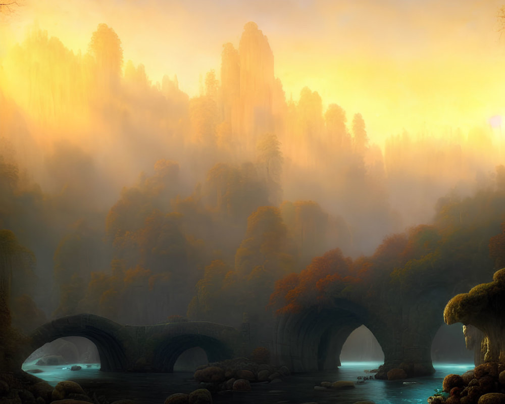 Tranquil river with stone bridges, misty autumn forests, and towering cliffs