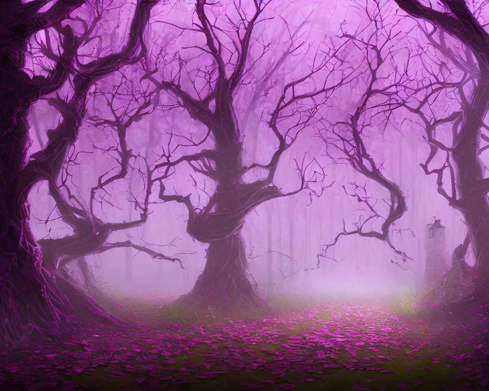 Mystical Purple Forest with Twisted Trees and Ethereal Fog