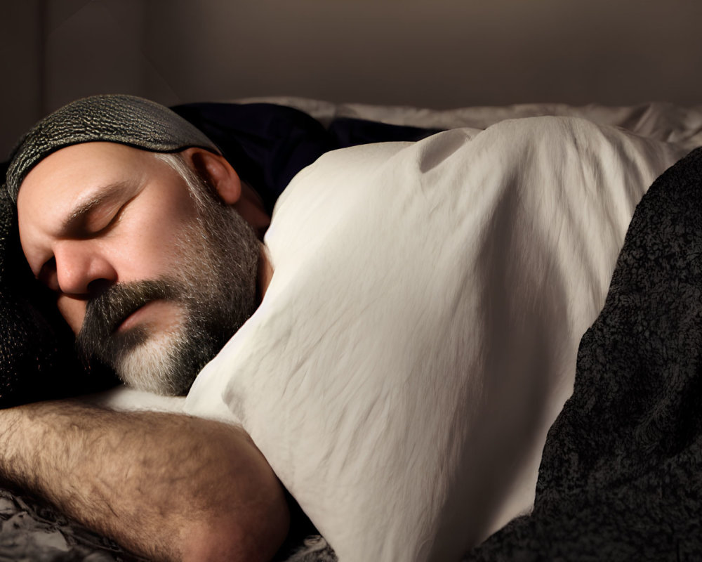 Bearded man in beanie peacefully sleeping under warm light