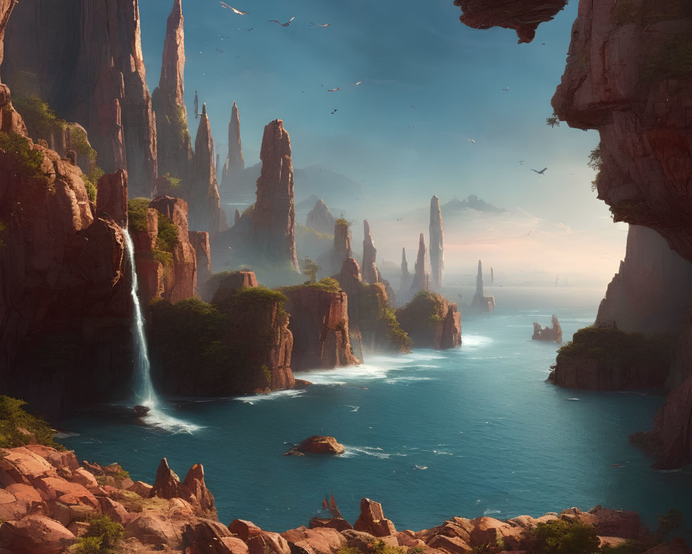 Majestic rock formations and waterfalls in a serene fantasy landscape