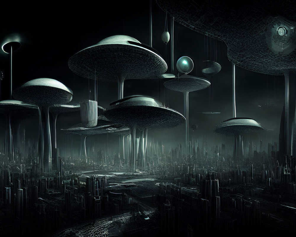 Futuristic night cityscape with towering structures and mushroom-shaped buildings