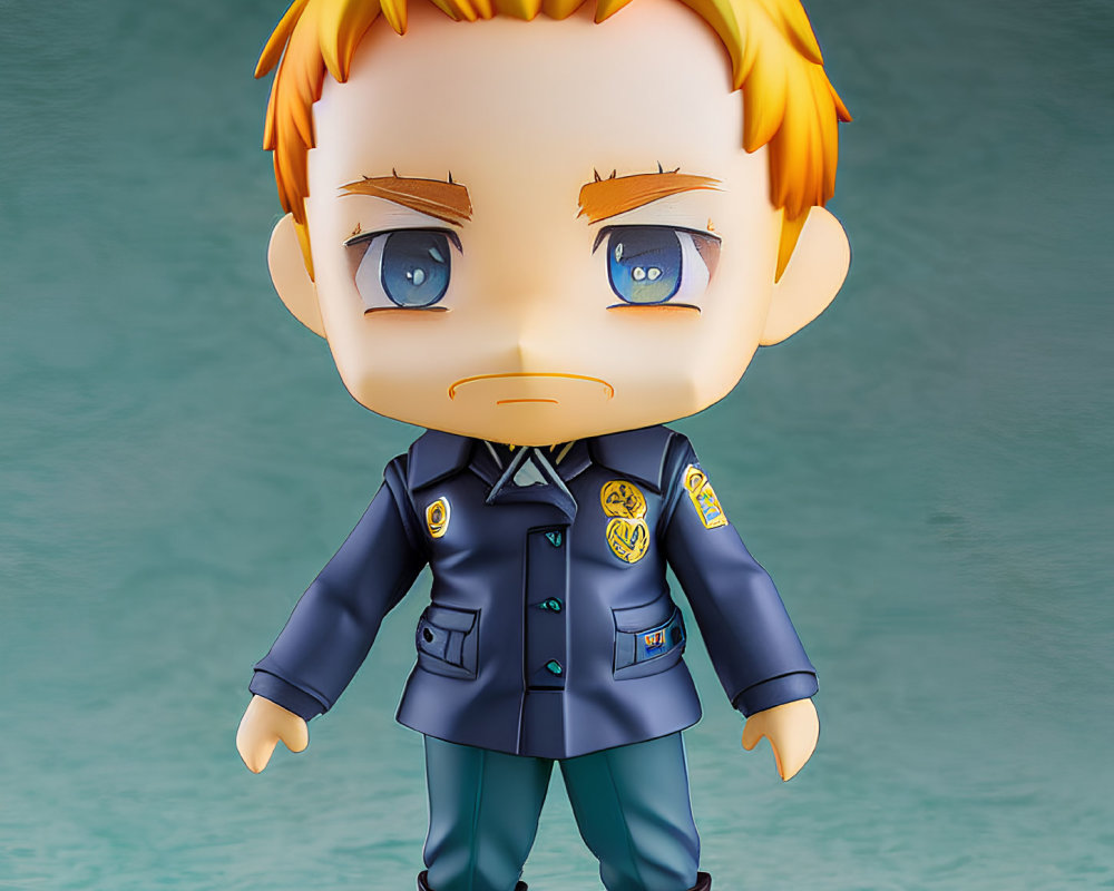 Blonde Male Chibi Figurine in Military Uniform on Blue Base